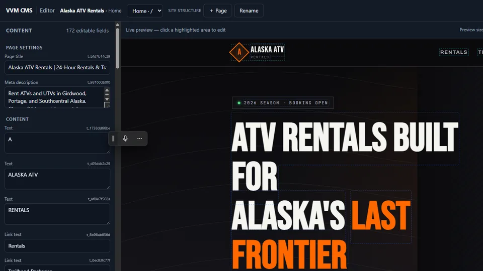 The Safe-Editing CMS editing the Alaska ATV Rentals homepage: a list of editable content fields beside a live preview of the page with its editable areas outlined