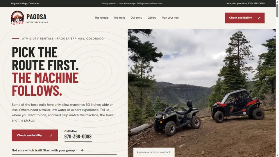 Pagosa Adventure Rentals website showing trail-first guidance beside an ATV and UTV at a forest overlook